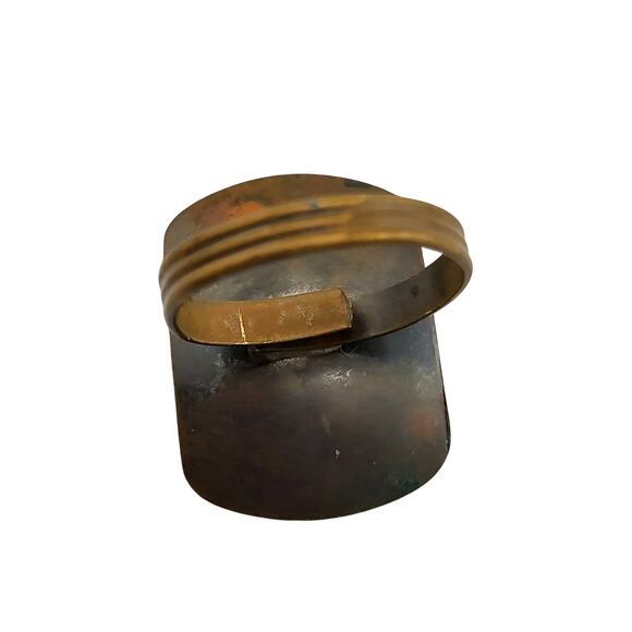 Vintage Artisan Copper Brass Adjustable Ring Turquoise Glass Cab Modernist - Picture 5 of 7